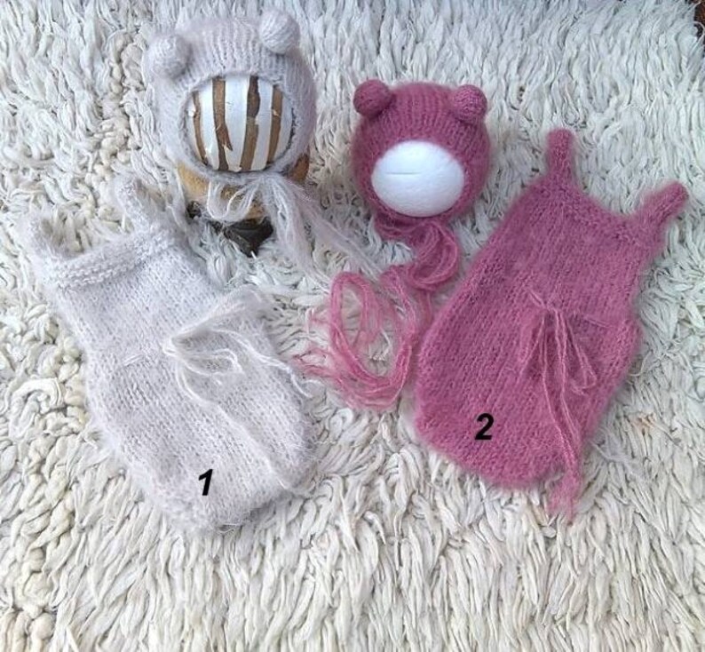Newborn soft knit set Newborn bear set Photo prop Dungarees Bear hat Ready to ship Romper Overall set