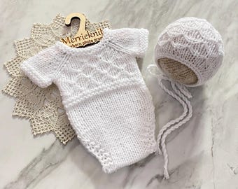 White Knit Newborn Outfit Set: Baby Romper & Bonnet - Photo Prop (RTS)
