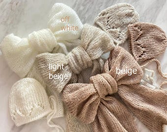 Knit Mohair Newborn Bonnet and Wrap Set: Photo Prop