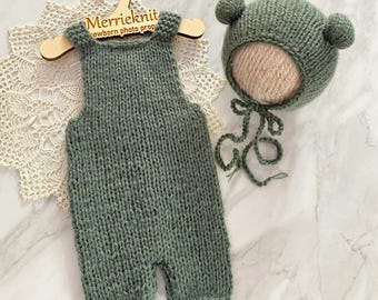 Knit Mohair Newborn Romper Set: Dark Sage Green Bear Hat & Romper