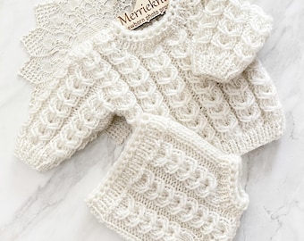 Hand Knit Ivory Merino Baby Bubble Sweater & Diaper Set: Newborn Photo Prop