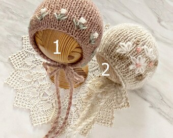 Handmade Embroidered Alpaca Knit Baby Bonnet: Newborn Photo Prop (RTS)