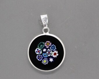 18mm Murano Millefiori Pendant 925 Stamped Italian Sterling Silver - BKF2e