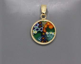 14mm Murano Millefiori Lampwork Glass Pendant 24K Gold Plated Italian Sterling Silver - GRNG2h