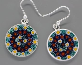 18mm Murano Millefiori Lampwork Glass Earrings 925 Italian Sterling Silver GBYb
