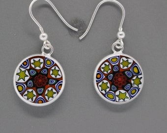 14mm Murano Millefiori Earrings 925 Stamped Italian Sterling Silver - GWRa