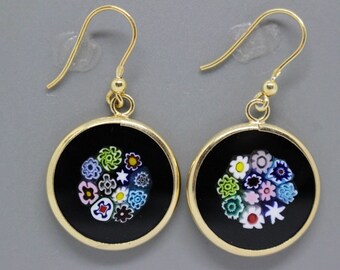 18mm Murano Millefiori Ohrringe 24K Vergoldet Italienisches Sterling Silber - BKFGh