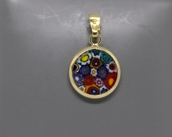 14mm Murano Millefiori Lampwork Glass Pendant 24K Gold Plated Italian Sterling Silver - MLTG1h