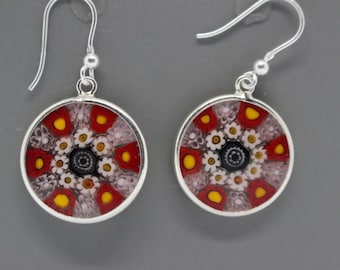 18mm Murano Millefiori Lampwork Glass Earrings 925 Italian Sterling Silver RWYc