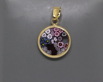 14mm Murano Millefiori Lampwork Glass Pendant 24K Gold Plated Italian Sterling Silver - PKGG2h