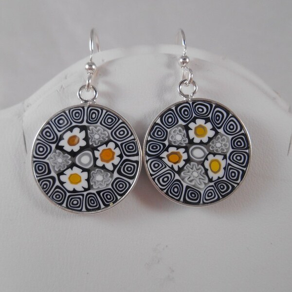 18mm  Murano Millefiori Earrings 925 Stamped Italian Silver - Black Daisy