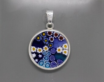 18mm Murano Millefiori Pendant 925 Stamped Italian Sterling Silver - BLU2h