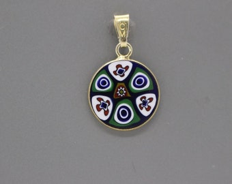 14mm Murano Millefiori Lampwork Glass Pendant 24K Gold Plated Silver Green Sapphire G1