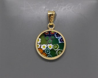 14mm Murano Millefiori Lampwork Glass Pendant 24K Gold Plated Italian Sterling Silver - GRNG1h