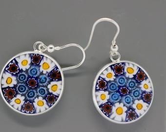 18mm Murano Millefiori Earrings 925 Stamped Italian Sterling Silver - YBR\
