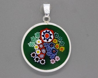 23mm Authentic Murano Millefiori Pendant 925 Stamped Italian Sterling Silver - GRF2g