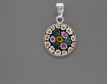 14mm Murano Millefiori Lampwork Glass Pendant 925 Italian Sterling Silver Seafoam Pink Daisy