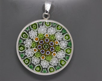 26mm Authentic Murano Glass Millefiori Pendant 925 Stamped Italian Sterling Silver - GRWh