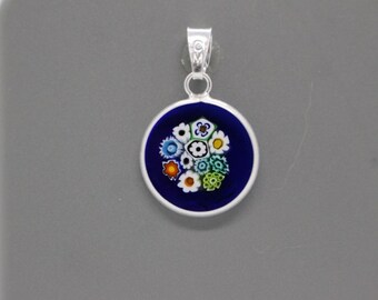 14mm Authentic Murano Millefiori Lampwork Glass Pendant 925 Stamped Italian Sterling Silver - BLF2g