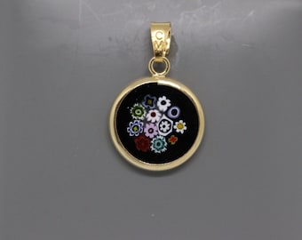 14mm Murano Millefiori Lampwork Glass Pendant 24K Gold Plated Italian Sterling Silver - BKFG2h