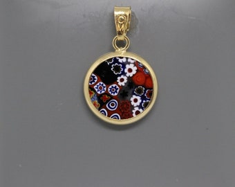 14mm Murano Millefiori Lampwork Glass Pendant 24K Gold Plated Italian Sterling Silver - RDBGh