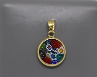 14mm Murano Millefiori Lampwork Glass Pendant 24K Gold Plated Italian Sterling Silver - MLTG2h