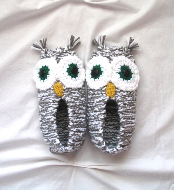 Items similar to ADULT MENS Owl Slippers Grey.White Hand Knit.Crocheted