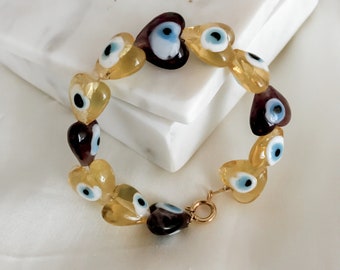 Evil Eye Bracelet, Heart Bracelet, Pearl Bracelet, Summer Bracelet