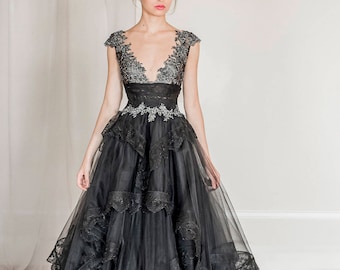 Black tulle and lace evening gown, black wedding dress, black wedding gown, black prom dress, red carpet dress