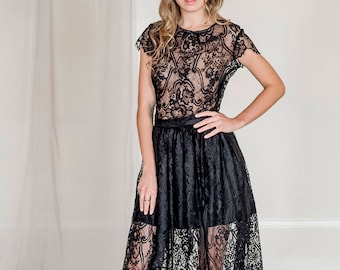 2 piece lace evening outfit, black lace top, black lace skirt, lace prom dress, lace bridesmaid dress