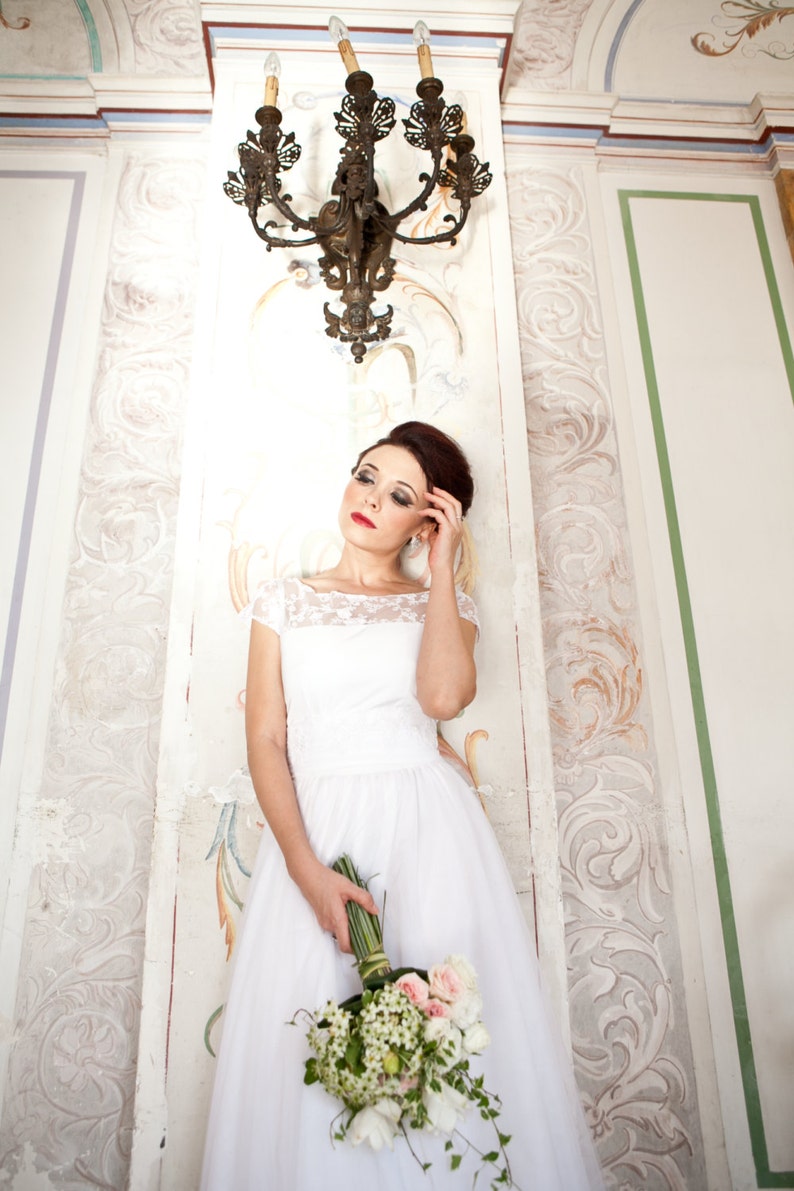 Long tulle wedding dress, lace wedding dress, lace bridal gown, beach wedding dress, bohemian wedding dress, simple boho wedding dress image 3