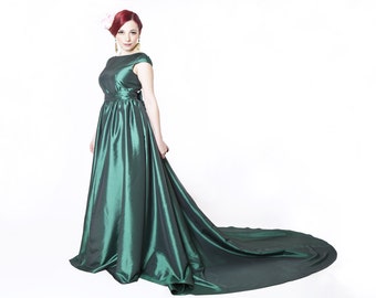 Long emerald green prom dress with train, long ball gown, red carpet dress, green bridal gown, open back dress, green bridesmaid dress