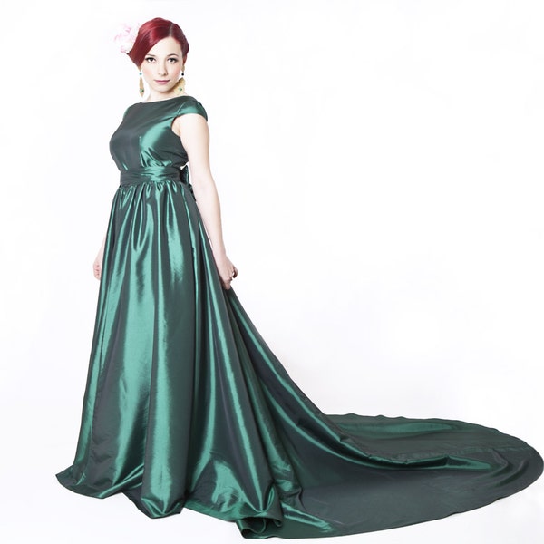 Long emerald green prom dress with train, long ball gown, red carpet dress, green bridal gown, open back dress, green bridesmaid dress