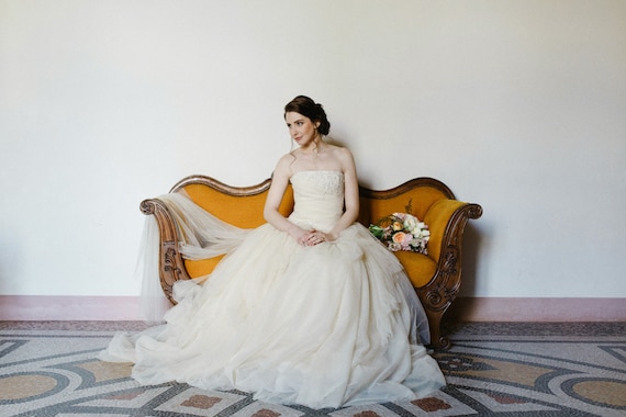 Champagne wedding dress in tulle and lace, beige strapless wedding dress, lace and tulle wedding gown, corset wedding dress