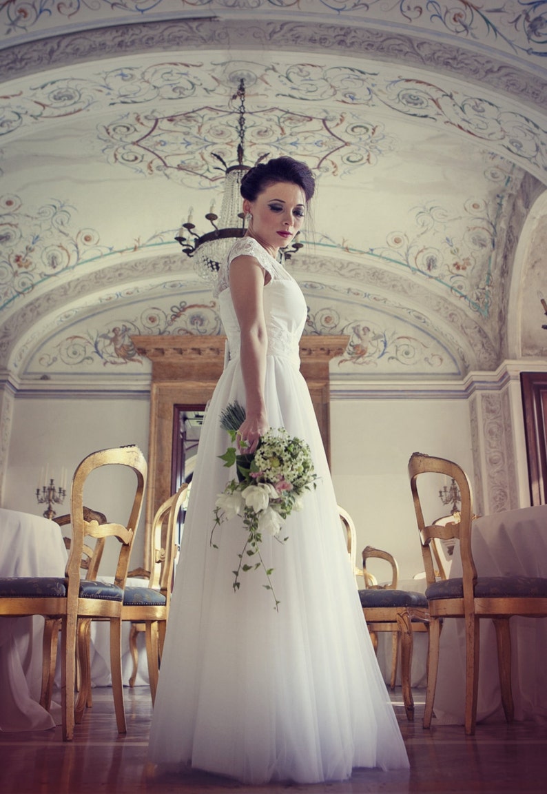 Long tulle wedding dress, lace wedding dress, lace bridal gown, beach wedding dress, bohemian wedding dress, simple boho wedding dress image 1