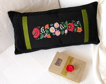 Small Embroidered "Kalocsa" Colorful Pillowcase, Hungarian Folk Oblong Pillow Case, Floral Pattern, Traditional Hungarian Gift, 22x11 Inch