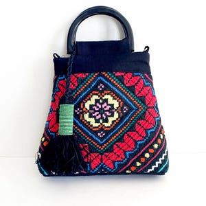 MATYO ROSE OOAK Handbag – Hungarian Folk Geometric Embroidery Bag, Black Linen Purse, Ethnic Boho Crossbody, Artisan Statement Bag