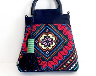 MATYO ROSE OOAK Handbag – Hungarian Folk Geometric Embroidery Bag, Black Linen Purse, Ethnic Boho Crossbody, Artisan Statement Bag
