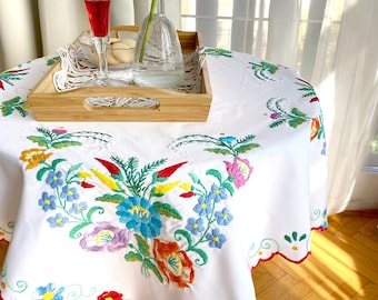 Authentic Hand Stitched Decor, Vintage Hungarian Kalocsa Tablecloth, Floral Folk Art, 31x31"