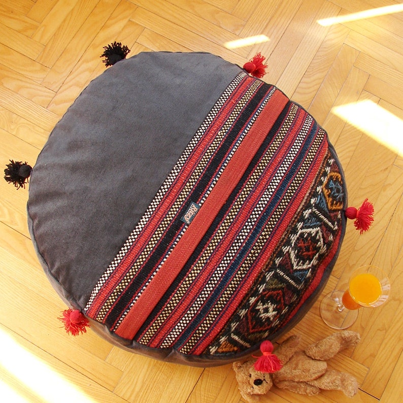 Kilim Ottoman Pouf Big Round Floor Pom Pom Pillow Large Boho image 0