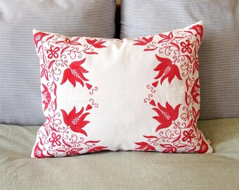 Red Floral Hand Embroidered Pillow: Hungarian Folk Art Cushion Cover