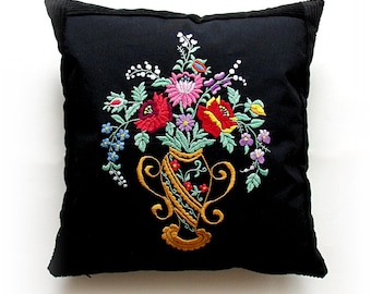 Folk Art Needlework Pillow Case, Vase with Bouquet  Embroidery, Black Pillowcase, Traditional, Hungarian, Matyo Style 18x18Inch