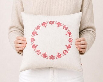 Hand Embroidered Pillow Cover: Vintage Folk Art Cushion, 17x16.5 Inch