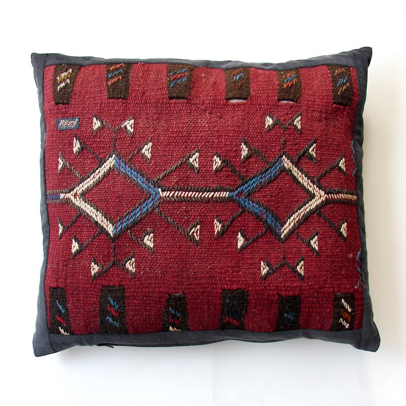 Rust Patchwork Pillow Wool Kilim Mini pouf Bohemian living image 0