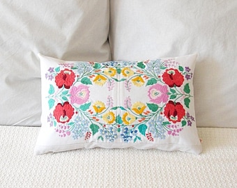 Hand Embroidered "Kalocsa" Pillow Case, Traditional Hungarian Folk Cushion Cover 12x19 Inch.