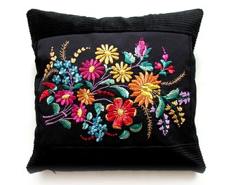 Silk  Matyo Bouquet of Flowers Embroidery, Black Pillowcase, Folk Art Needlework Pillow Case,  Traditional, Hungarian, 17x16Inch