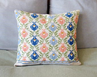 Vintage Pastel Floral Cross Stitch Pillow Cover: Hand Embroidered Hungarian Folk Art
