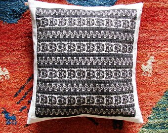 Hand Woven Embroidered Black and White Old Folk Art Cushion Cover, Handwoven Pillow Cover, Hungarian Folklore, 44x46cm/17x18Inch