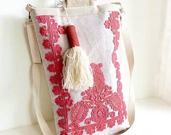 Vintage Inspired Folk Red Transylvanian Embroidery Shoulder Bag, Gift For Her