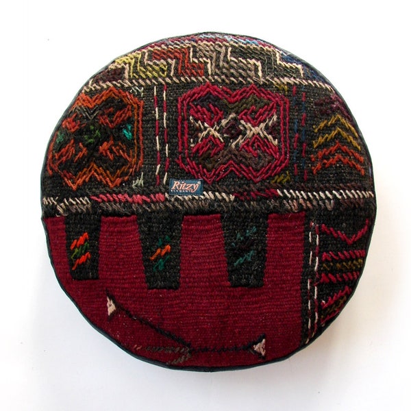 Coussin ottoman rond à la grenade, Oreiller de méditation Kilim en laine, Coussin Shic minable, Décoration de ferme, 15x3inch (39x7 cm)